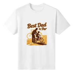 Plain white short‑sleeve crew‑neck t‑shirt featuring vintage “Best Dad by Par” slogan, sepia‑toned father‑child bicycle graphic, and worn‑out distressed aesthetic