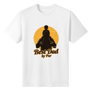Plain white short‑sleeve crew‑neck t‑shirt featuring vintage “Best Dad by Par” slogan, sepia‑yellow father‑child piggyback graphic, and worn‑out distressed aesthetic