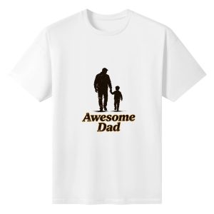 Plain white short‑sleeve crew‑neck t‑shirt featuring vintage “Awesome Dad” slogan, sepia‑brown father‑child hand‑holding graphic, and worn‑out distressed aesthetic