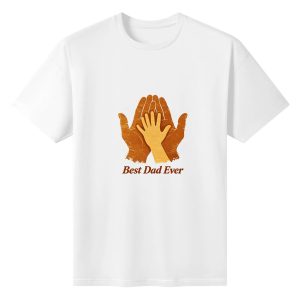 Plain white short‑sleeve crew‑neck t‑shirt featuring vintage “Best Dad Ever” slogan, sepia‑toned father‑child hand graphic, and worn‑out distressed aesthetic
