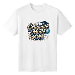 White t-shirt with "Graduate Mode On" graphic, graduation cap, diploma, blue balloon and stars print, front view
