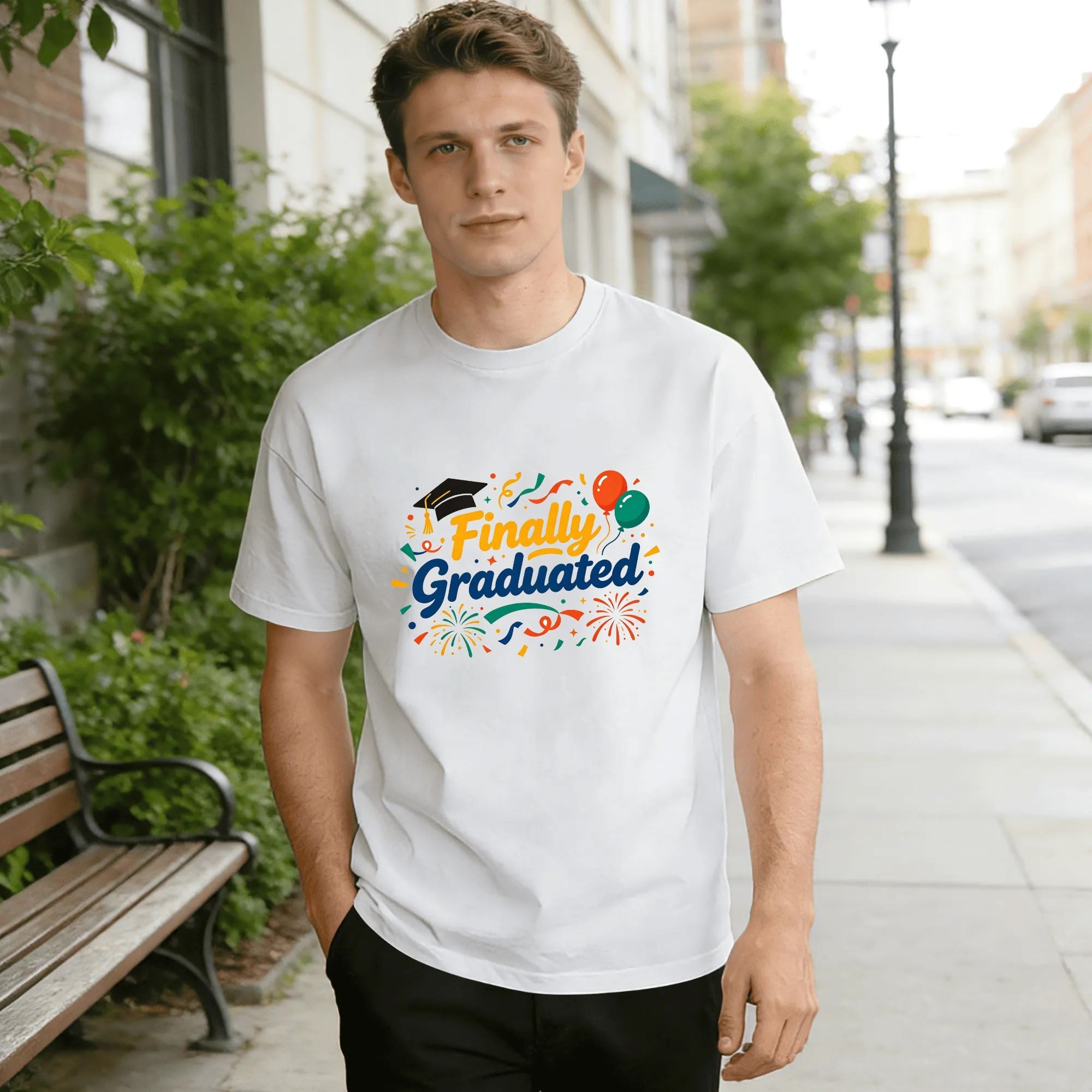 Model wearing the white "Finally Graduated" graduation T-shirt outdoors, showcasing the relaxed fit and vibrant, celebratory design.
