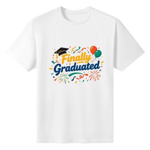 White short-sleeve crewneck T-shirt with “Finally Graduated” graphic, featuring a graduation cap, balloons, confetti, and fireworks in bright, festive colors.