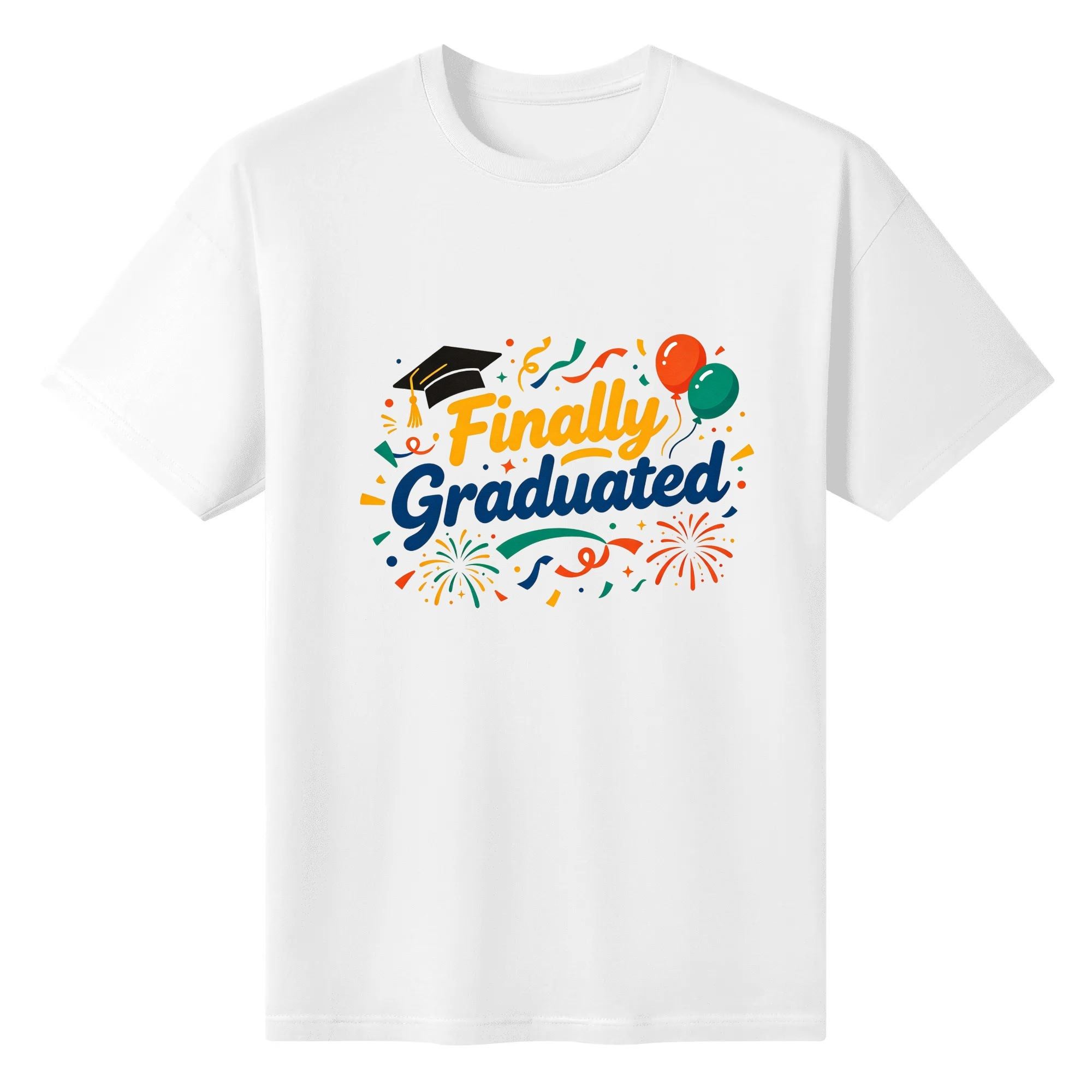 White short-sleeve crewneck T-shirt with “Finally Graduated” graphic, featuring a graduation cap, balloons, confetti, and fireworks in bright, festive colors.