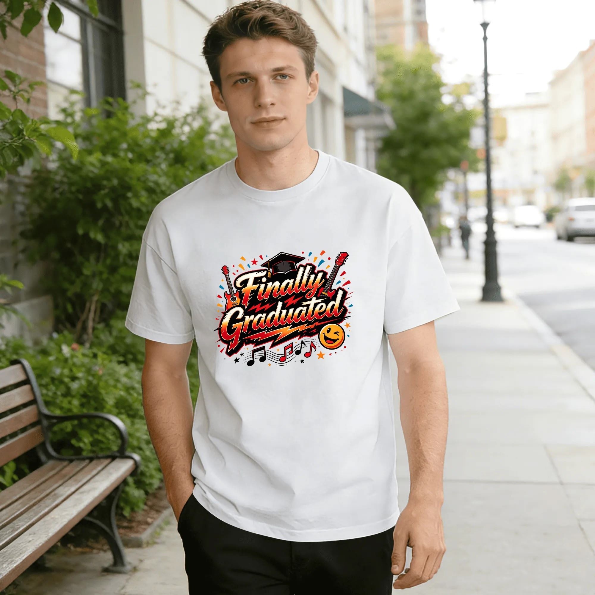 Model wearing the white “Finally Graduated” rock-style graduation tee outdoors, showcasing the relaxed fit and vibrant, edgy design.