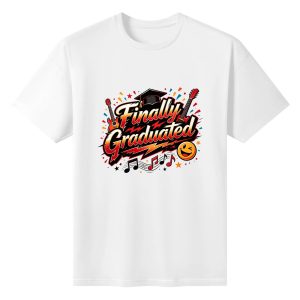 White crewneck T-shirt with a bold rock-inspired “Finally Graduated” graphic, featuring electric guitars, a graduation cap, music notes, confetti, and a smiley face.