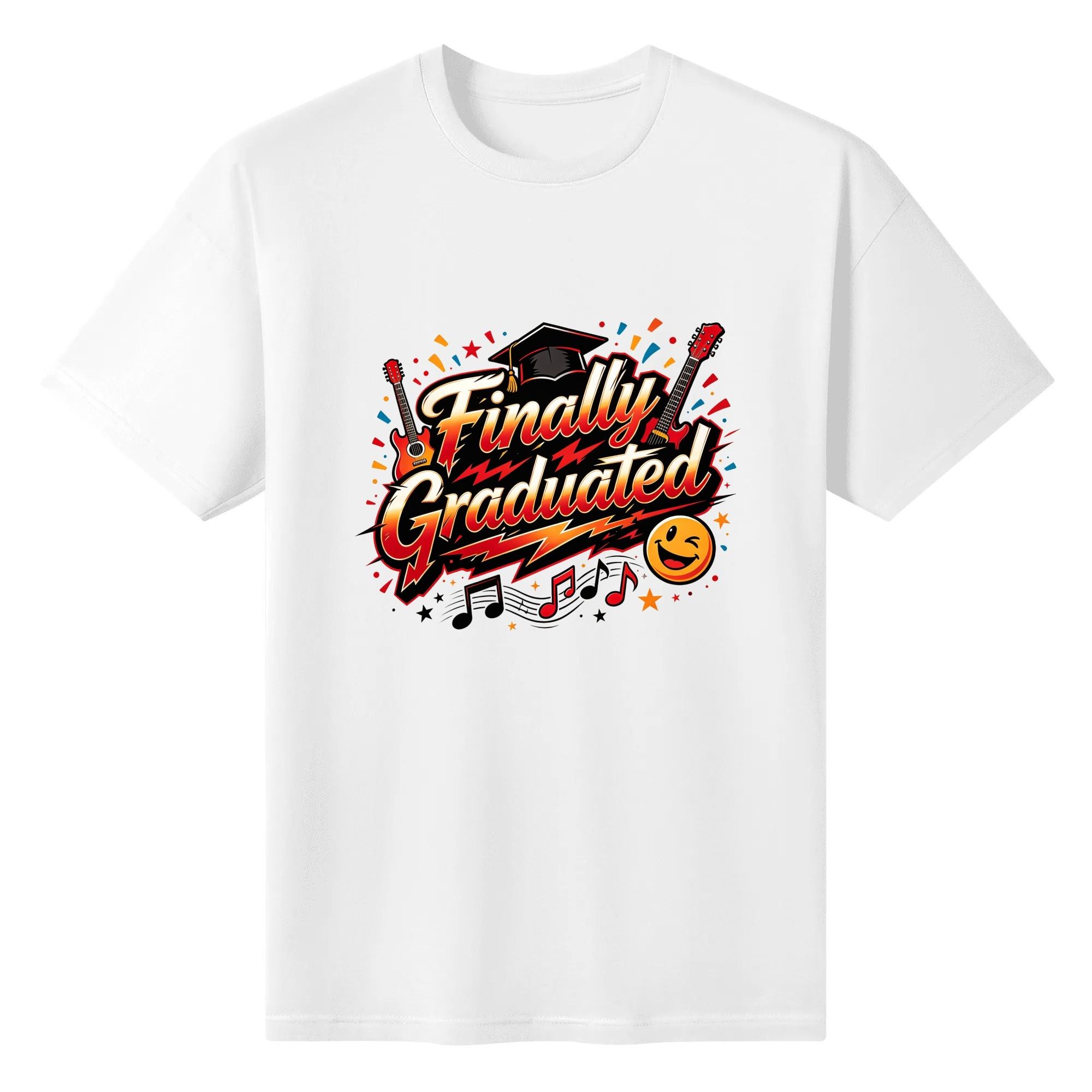 White crewneck T-shirt with a bold rock-inspired “Finally Graduated” graphic, featuring electric guitars, a graduation cap, music notes, confetti, and a smiley face.