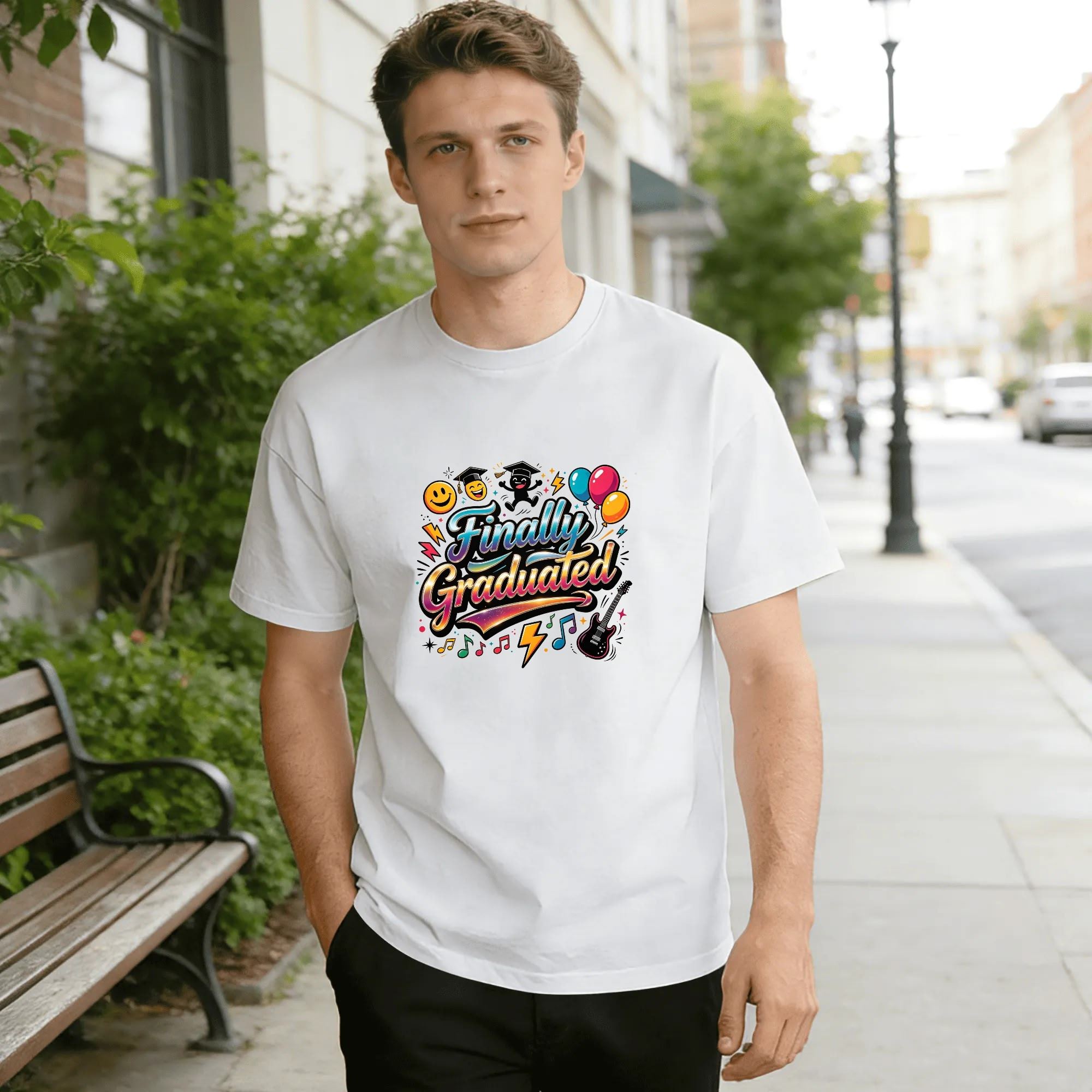 Model wearing the white “Finally Graduated” celebration tee outdoors, showcasing the relaxed fit and fun, colorful design