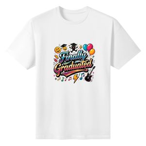 White crewneck T-shirt with a vibrant, playful “Finally Graduated” graphic, featuring smiley faces, graduation characters, balloons, music notes, and an electric guitar.
