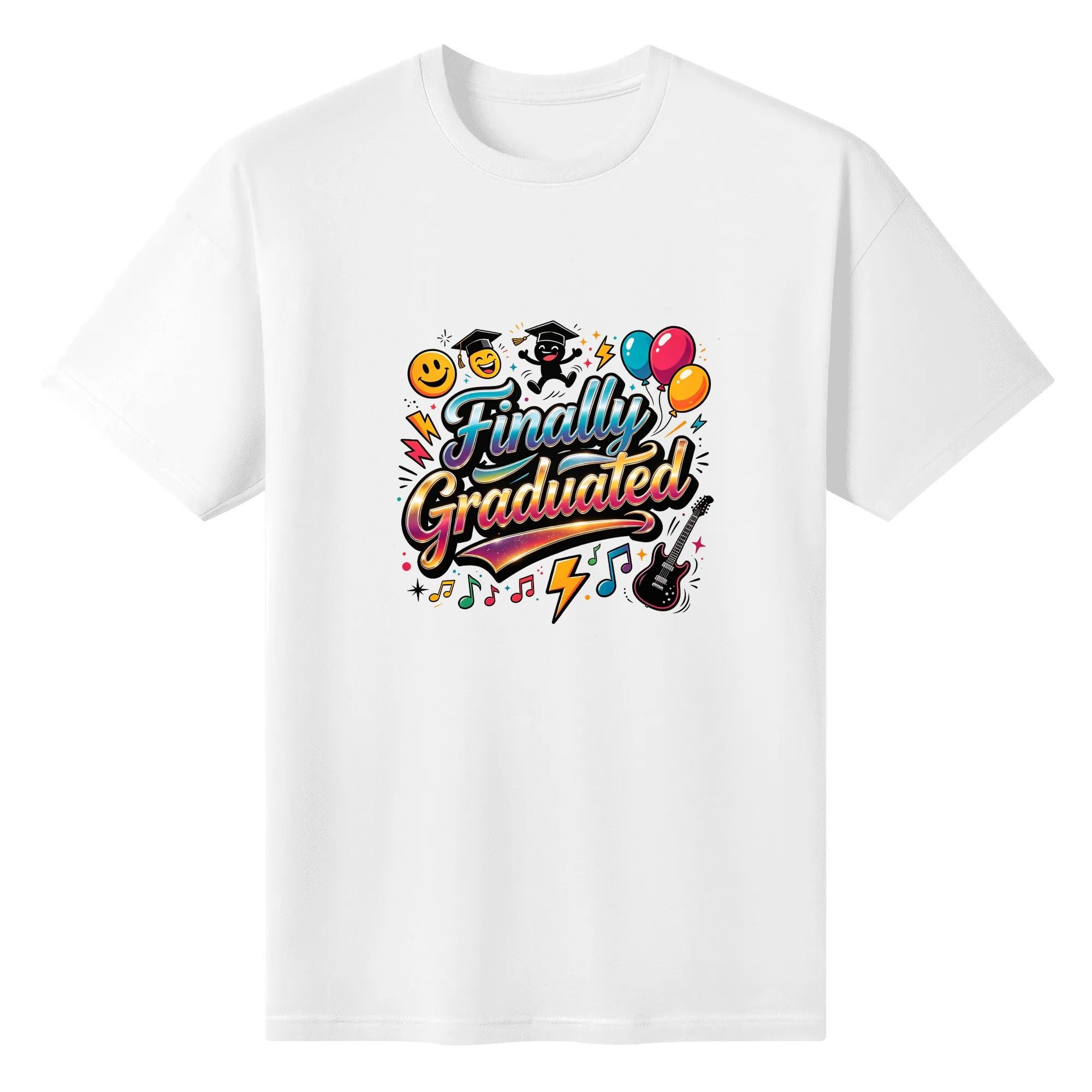 White crewneck T-shirt with a vibrant, playful “Finally Graduated” graphic, featuring smiley faces, graduation characters, balloons, music notes, and an electric guitar.