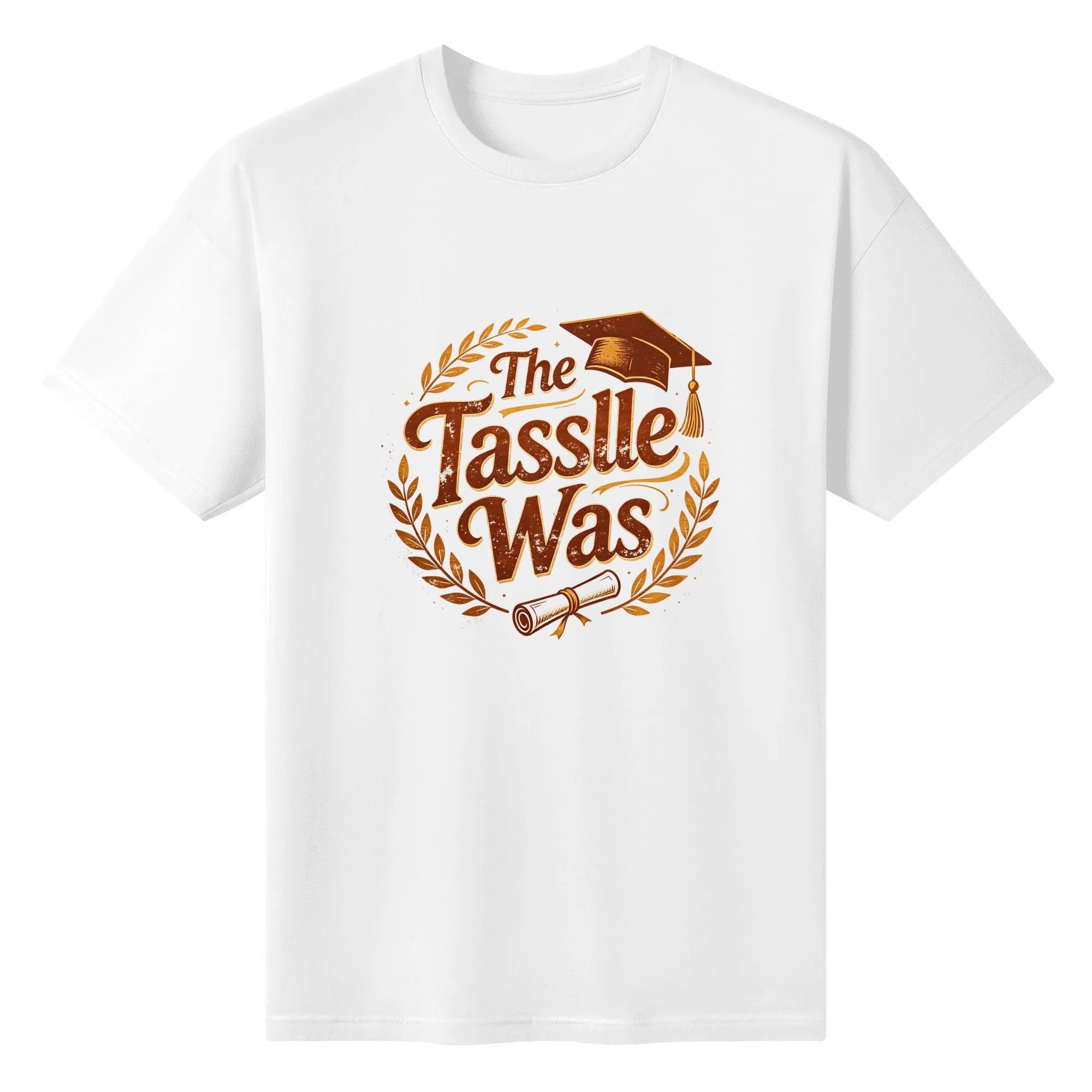 White crewneck T-shirt with a vintage-style “The Tassle Was” graphic, featuring a distressed brown design, graduation cap, diploma, and laurel wreath.