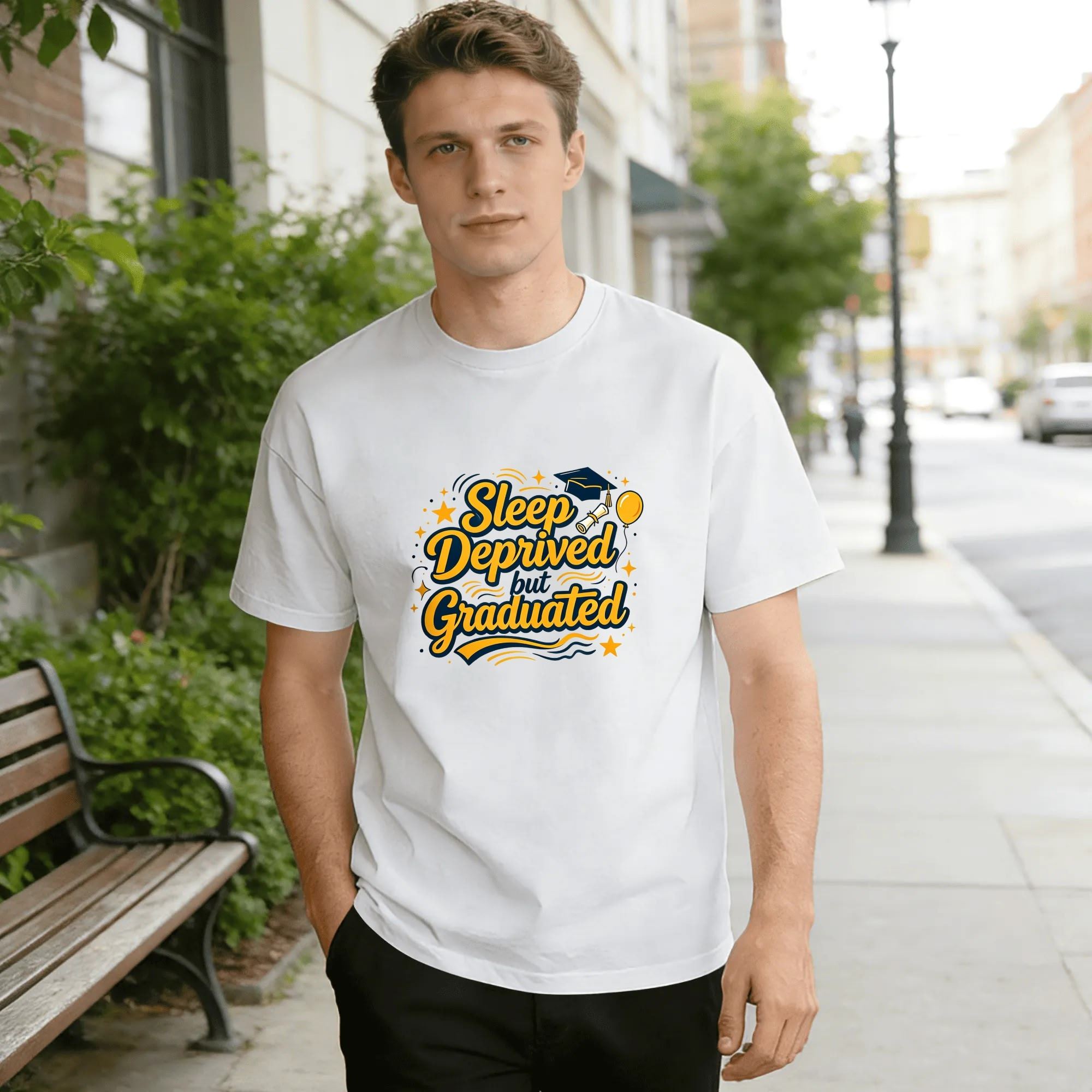 Model wearing the white “Sleep Deprived but Graduated” graduation tee outdoors, showcasing the relaxed fit and fun, relatable design.