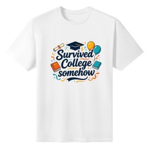 White crewneck T-shirt with a playful “Survived College Somehow” graphic, featuring blue lettering, graduation cap, diploma, books, balloons, and confetti accents.