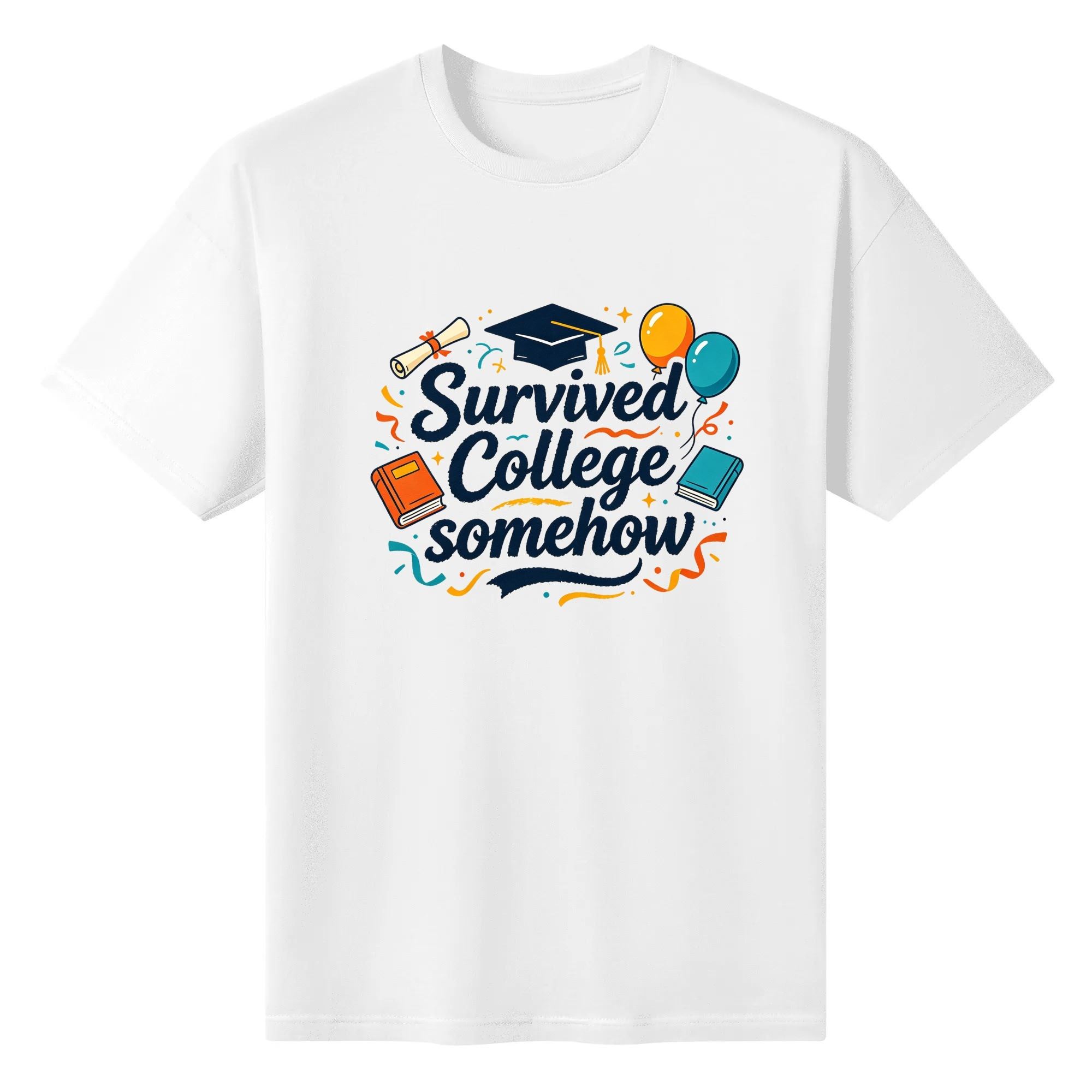 White crewneck T-shirt with a playful “Survived College Somehow” graphic, featuring blue lettering, graduation cap, diploma, books, balloons, and confetti accents.