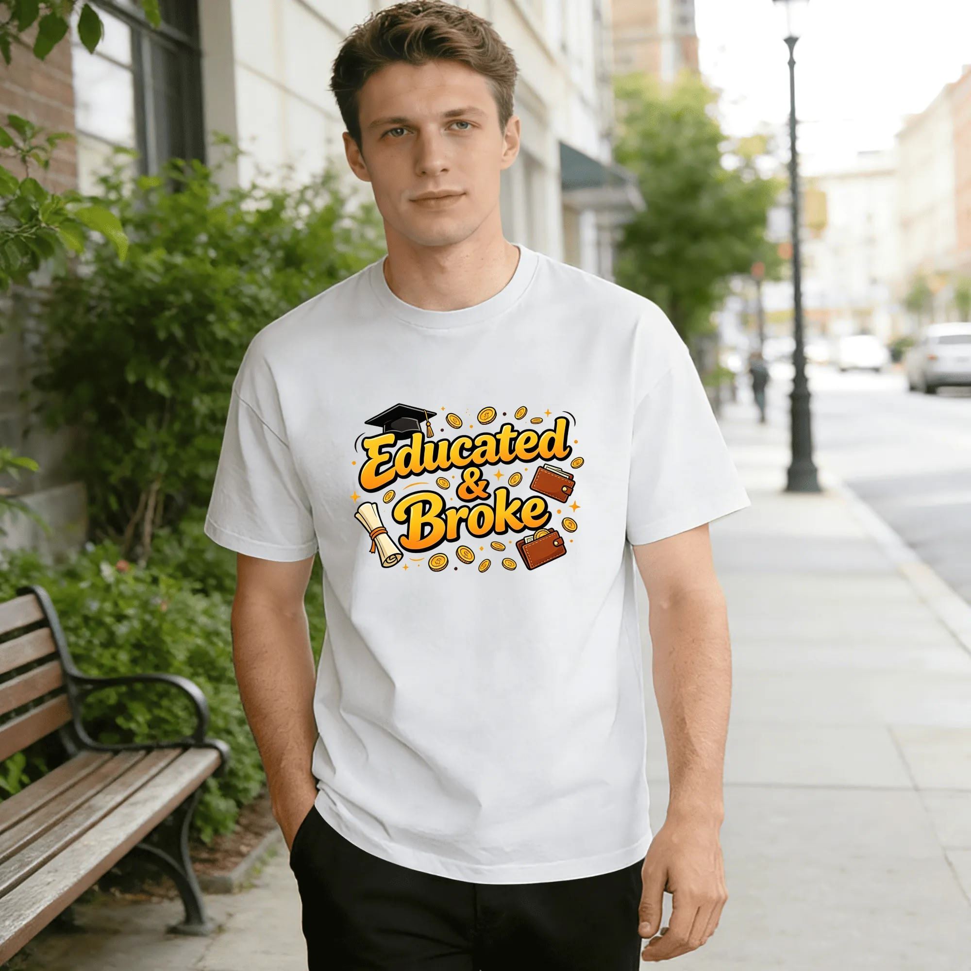 Model wearing the white “Educated & Broke” graduation tee outdoors, showcasing the relaxed fit and fun, relatable design.