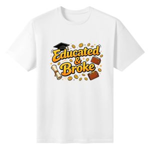 White crewneck T-shirt with a playful “Educated & Broke” graphic, featuring bold orange lettering, graduation cap, diploma, empty wallets, and gold coins.