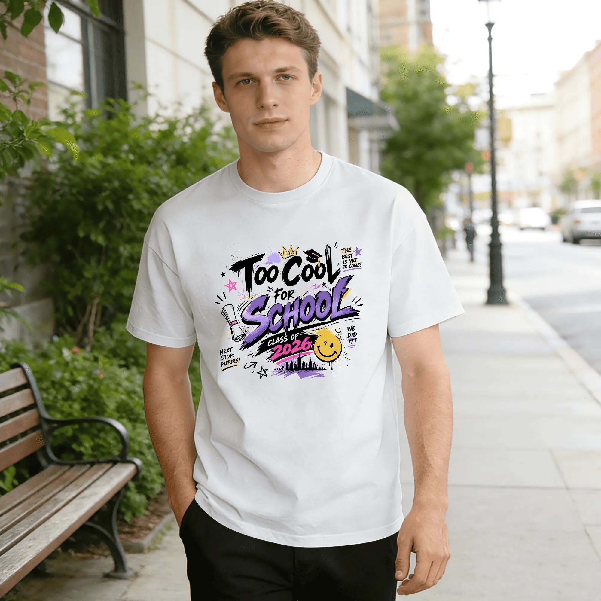 Model wearing the white “Too Cool For School Class of 2026” graduation tee outdoors, showcasing the relaxed fit and fun, edgy design.
