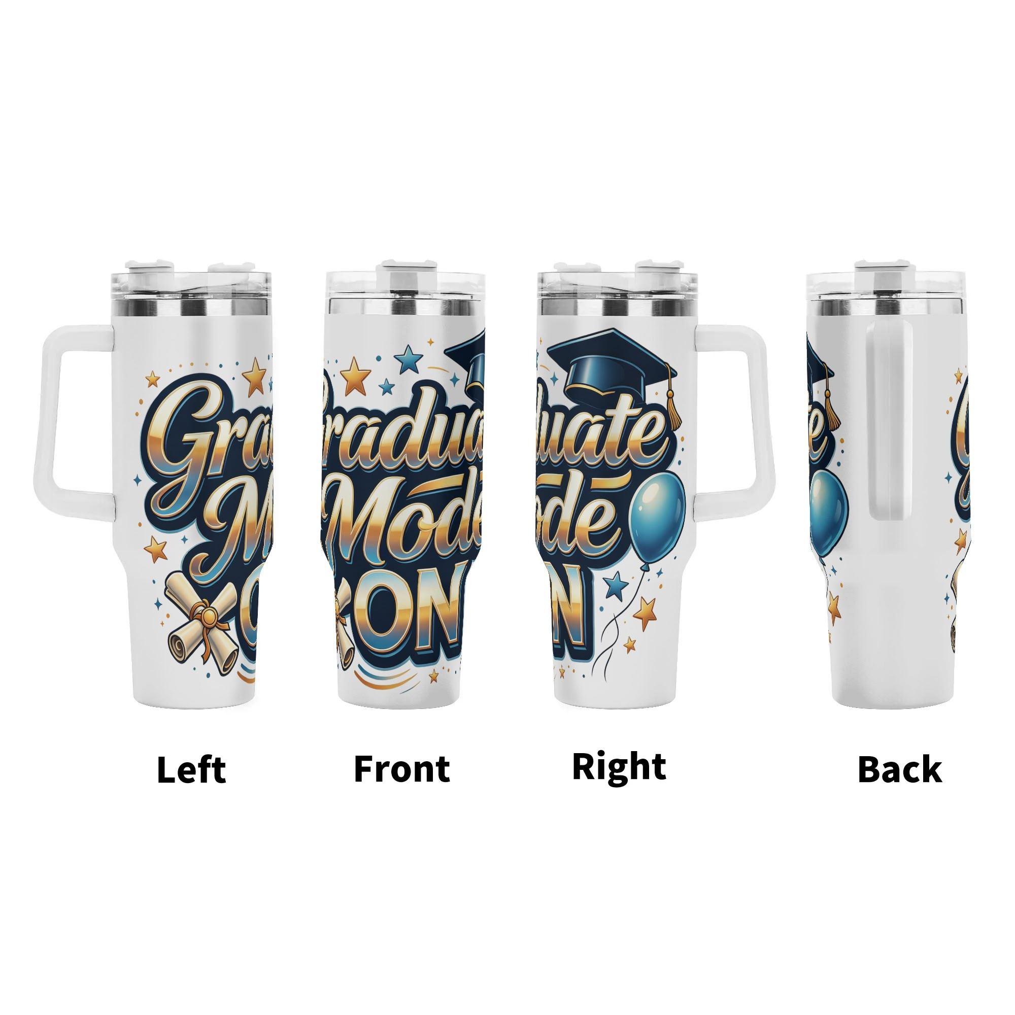 360-degree view of the "Graduate Mode ON" tumbler, showing the design on the left, front, right, and back sides.