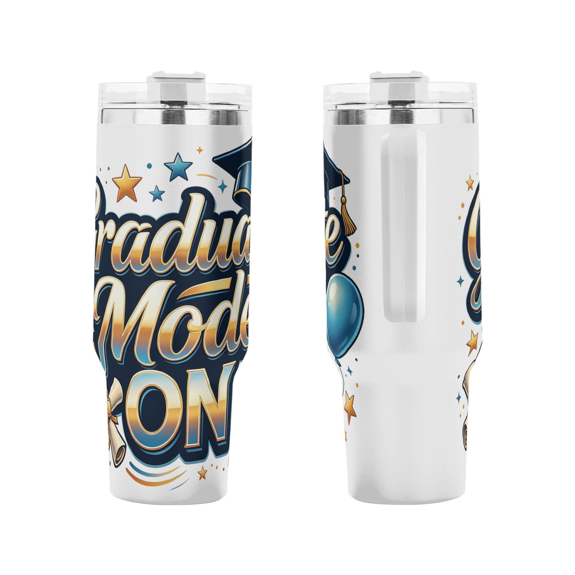 Front and back views of the tumbler, highlighting the full wrap-around graduation graphic.
