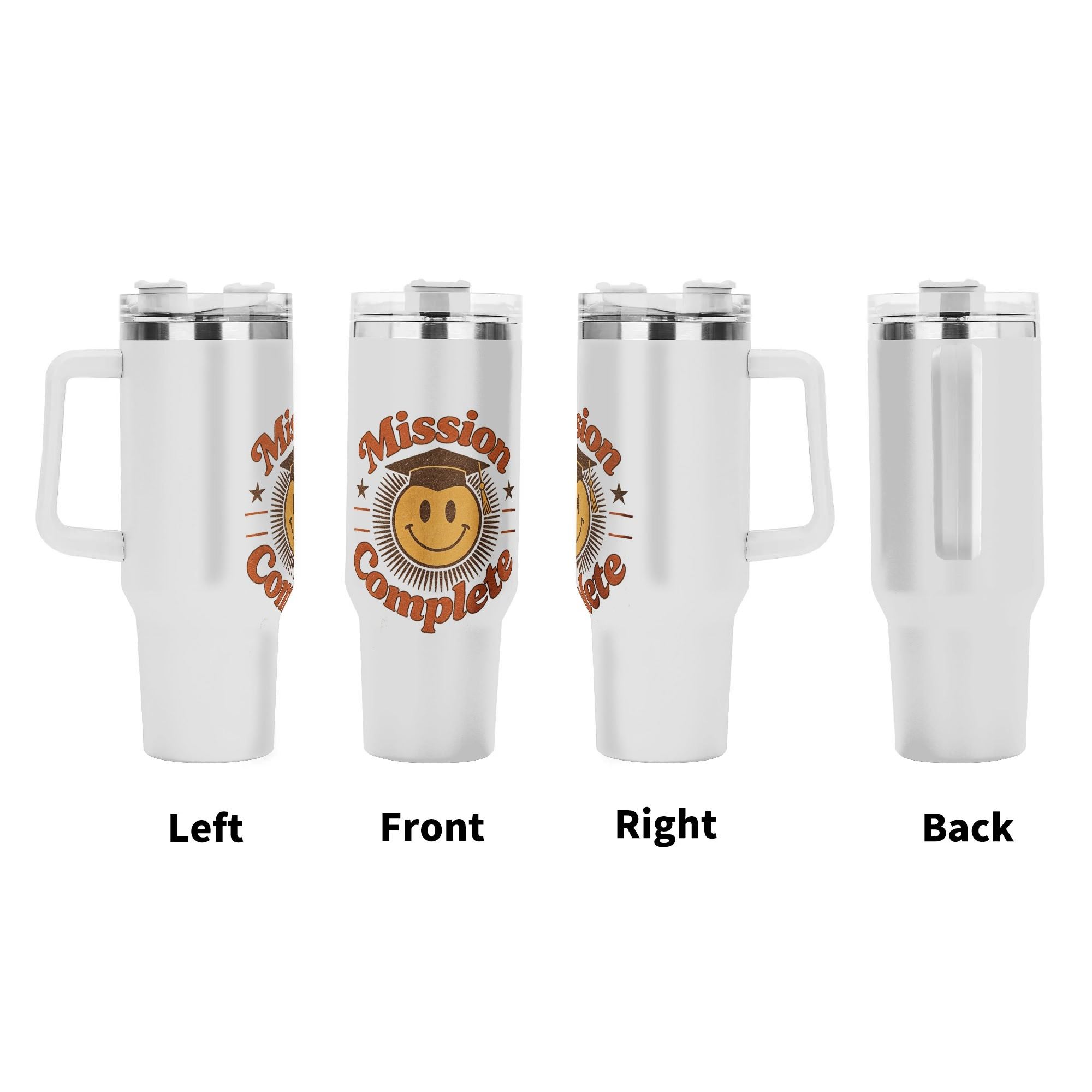360-degree view of the "Mission Complete" tumbler, showing the design on the left, front, right, and back sides.