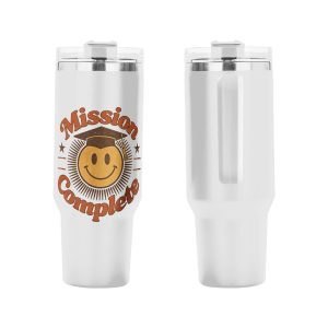 Front and back views of the tumbler, highlighting the full wrap-around retro graduation graphic.