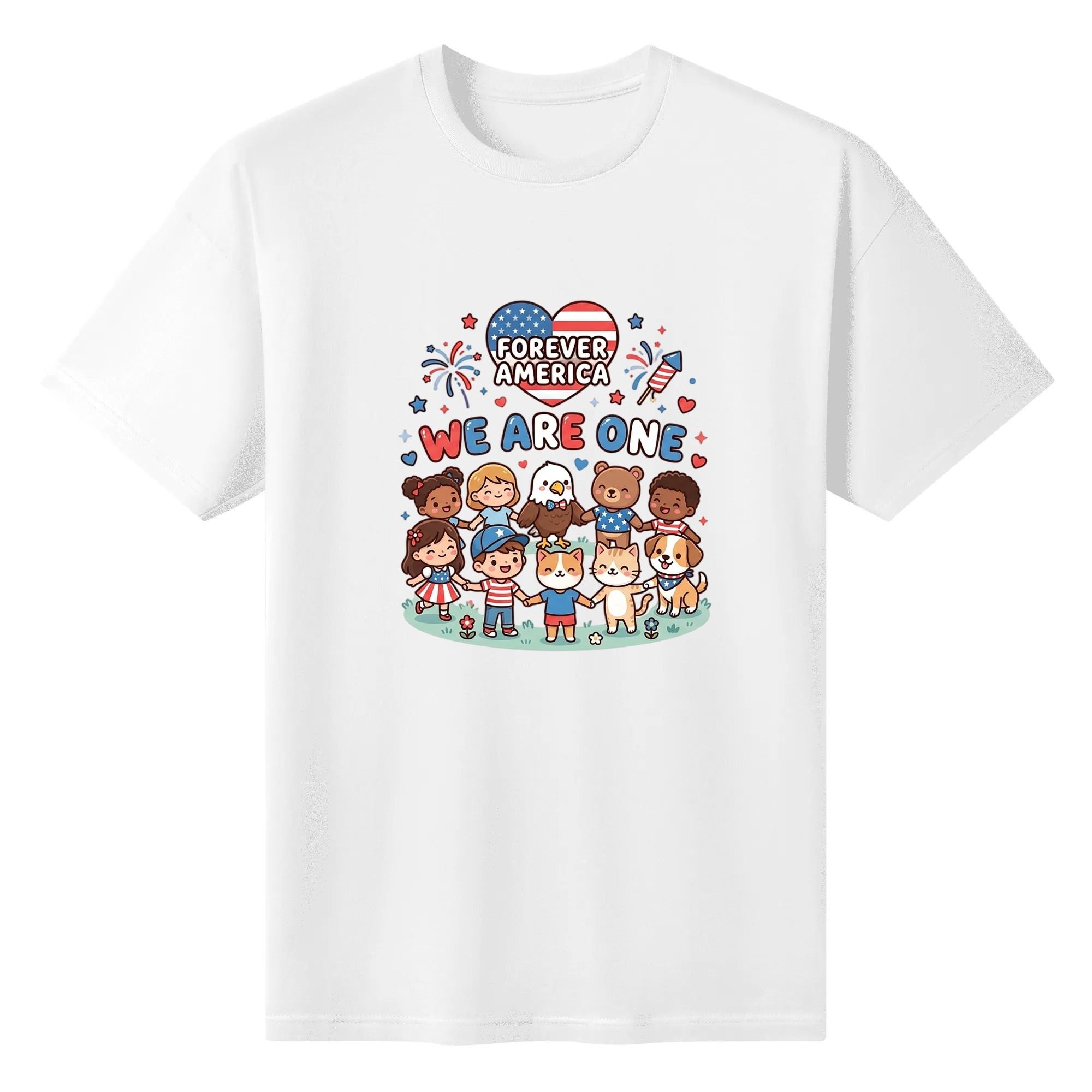 White t-shirt flat lay with the full "Forever America We Are One" print, showing the colorful patriotic graphic with kids, animals, and fireworks.