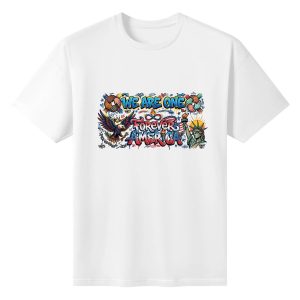 White t-shirt flat lay with the full colorful graffiti print, showing bold patriotic text, iconic symbols, and street-art style details.