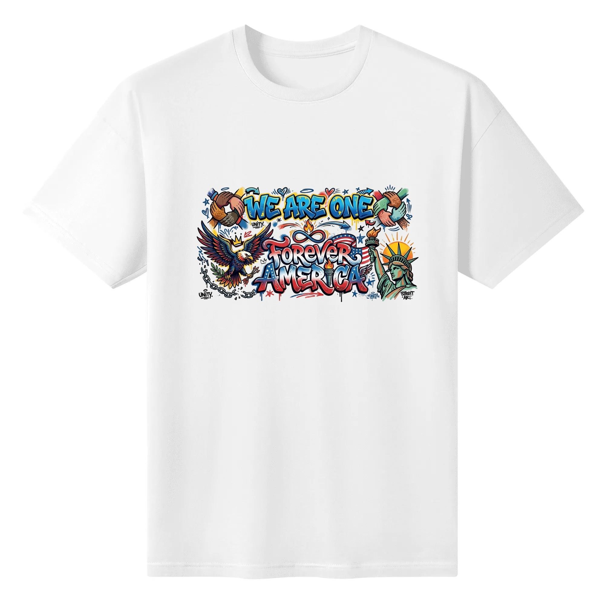 White t-shirt flat lay with the full colorful graffiti print, showing bold patriotic text, iconic symbols, and street-art style details.