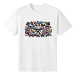 White t-shirt flat lay with the full colorful graffiti print, showing bold patriotic text, iconic symbols, and street-art style details.