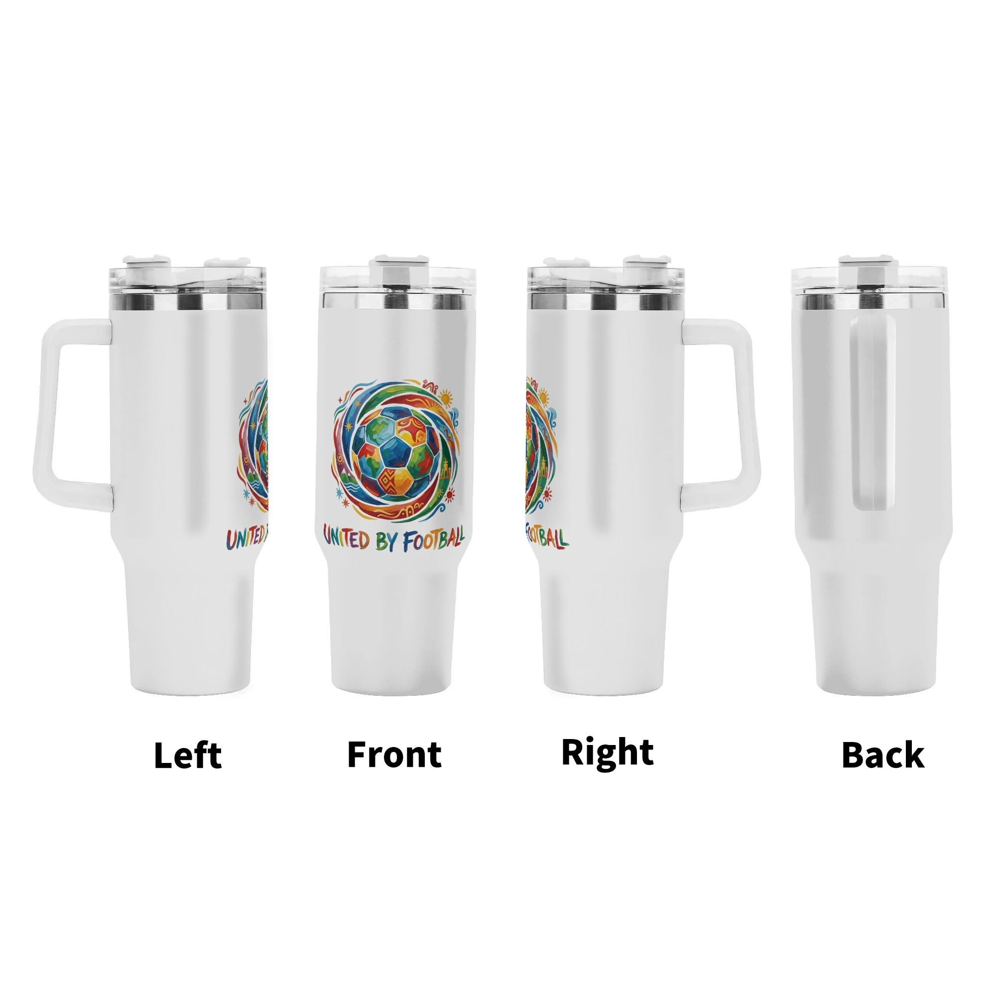 360-degree view of the "United by Football" tumbler, showing the design on the left, front, right, and back sides.