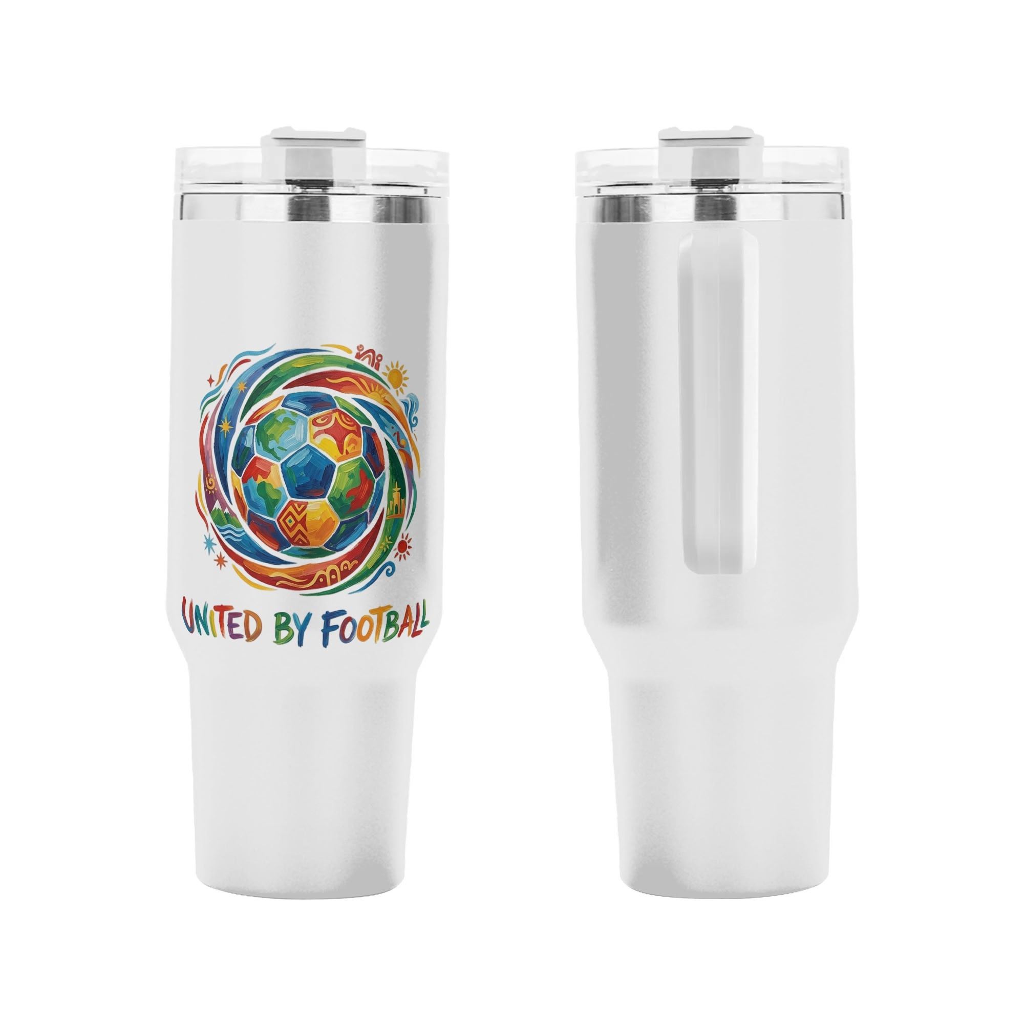 Front and back views of the tumbler, highlighting the full wrap-around colorful soccer graphic.