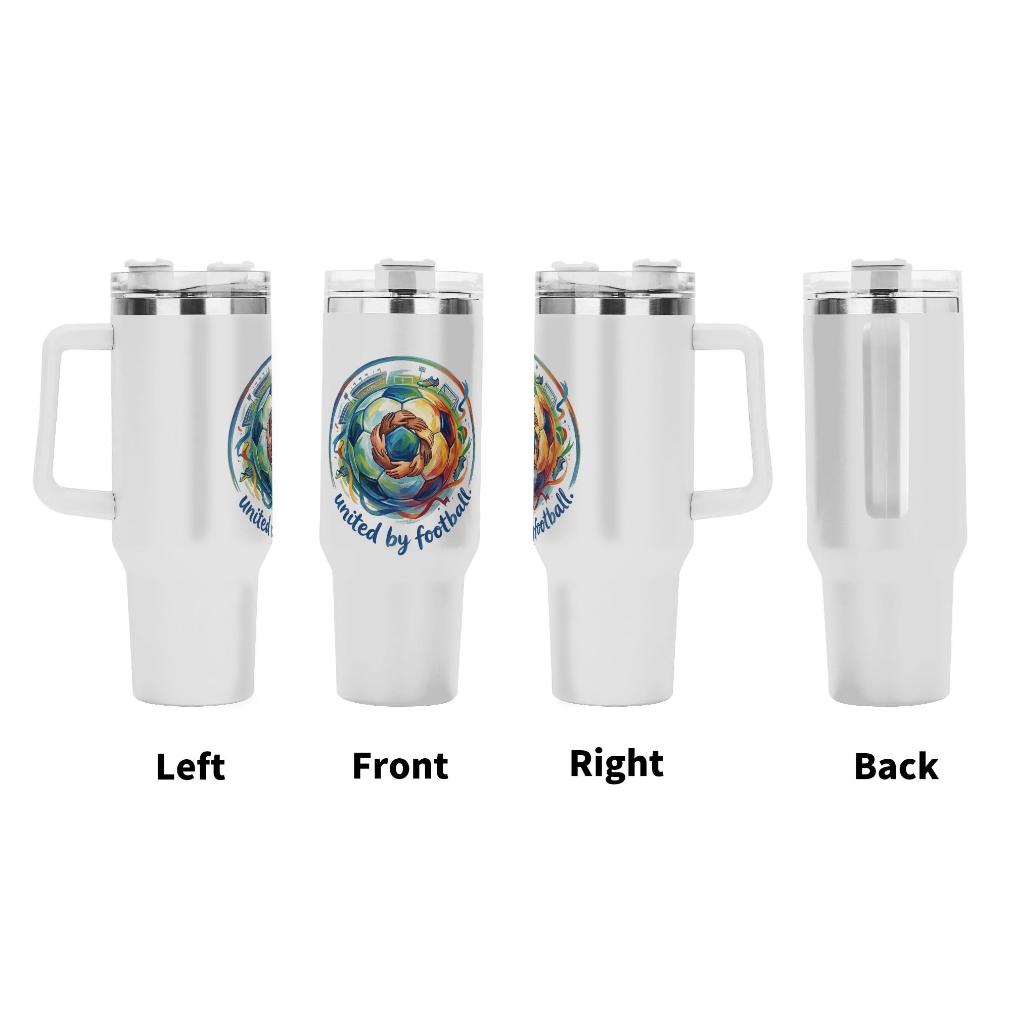 360-degree view of the "united by football" tumbler, showing the design on the left, front, right, and back sides.