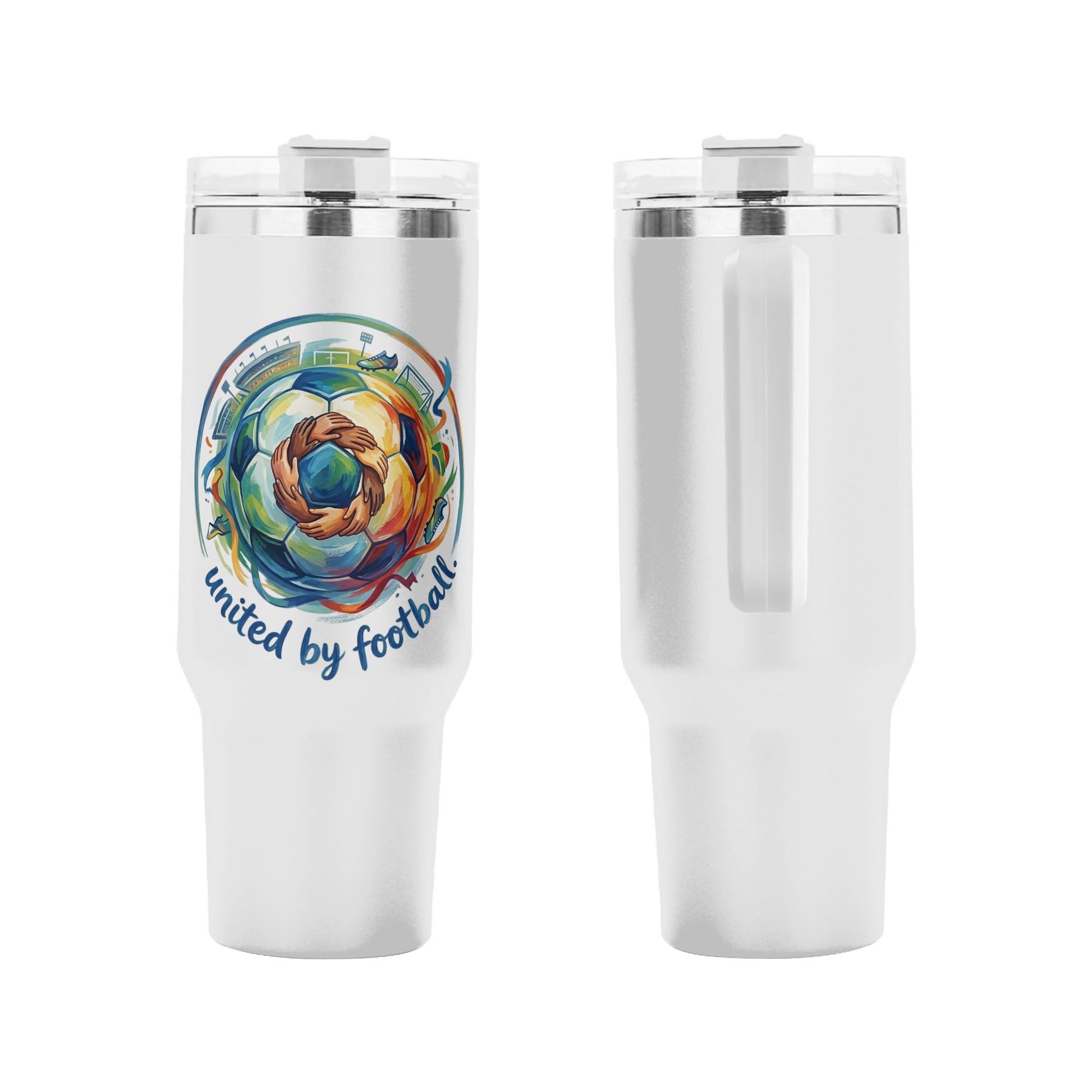 Front and back views of the tumbler, highlighting the full wrap-around soccer graphic.