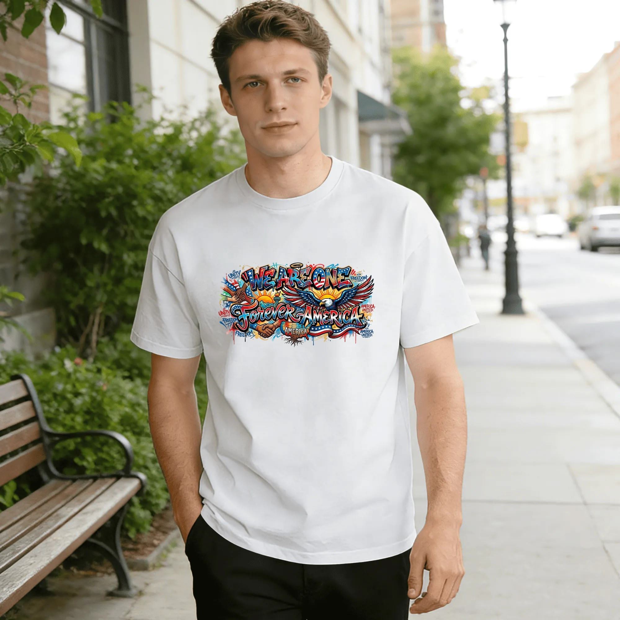 Male model outdoors wearing white short sleeve tee with vibrant graffiti-style We Are One Forever America print featuring bald eagle, unity handshake and USA flag details.