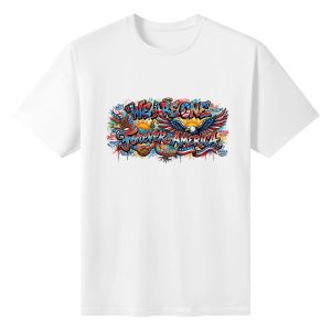 Flat lay of white cotton t-shirt showcasing full colorful street art patriotic graphic with eagle and unity slogan.