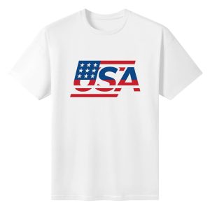 Flat lay shot of white cotton t-shirt featuring modern stylized USA logo filled with American flag stars and stripes details.
