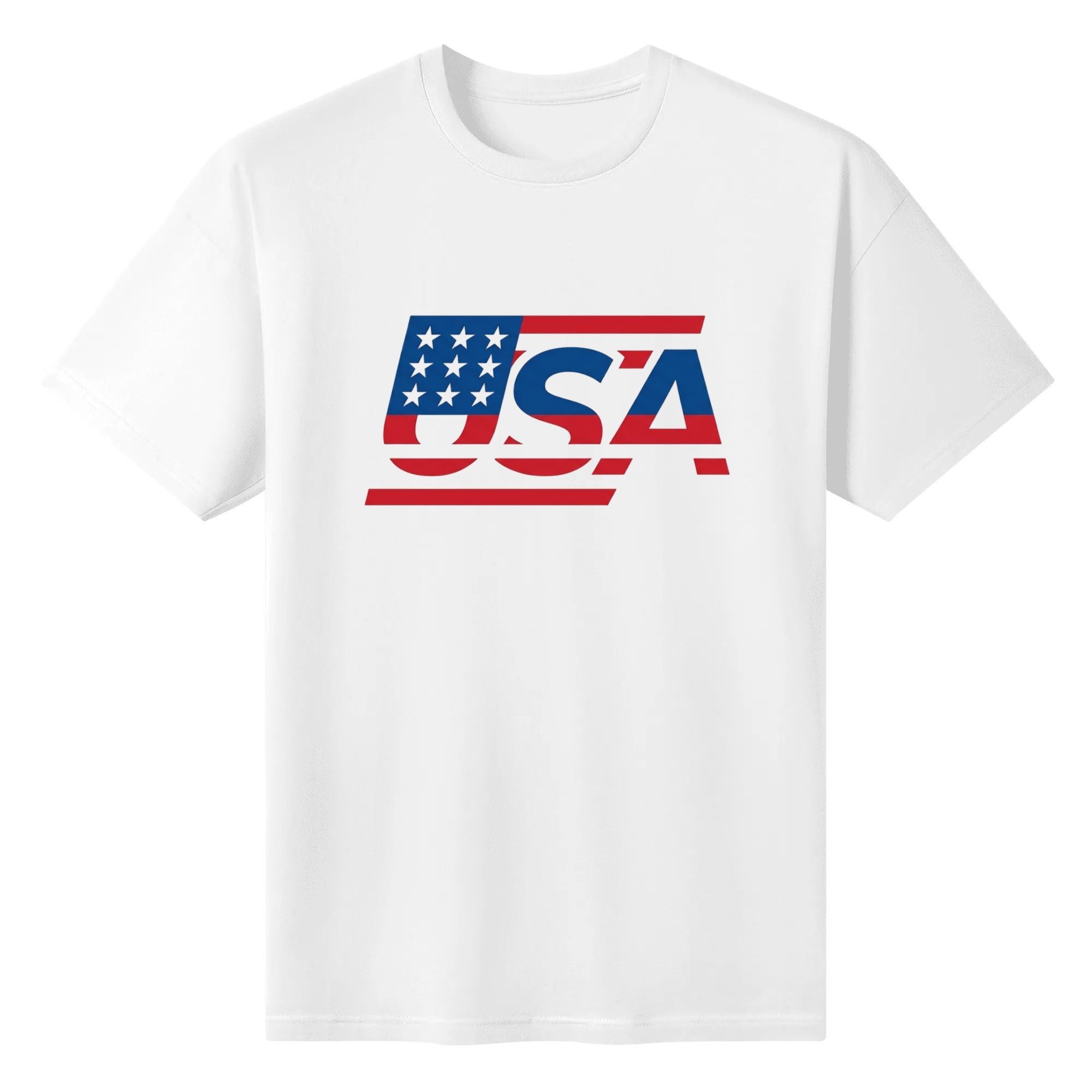 Flat lay shot of white cotton t-shirt featuring modern stylized USA logo filled with American flag stars and stripes details.
