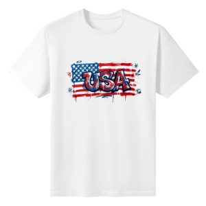 Flat lay of white cotton crew neck t-shirt featuring spray paint drip USA letter over distressed US flag graphic.