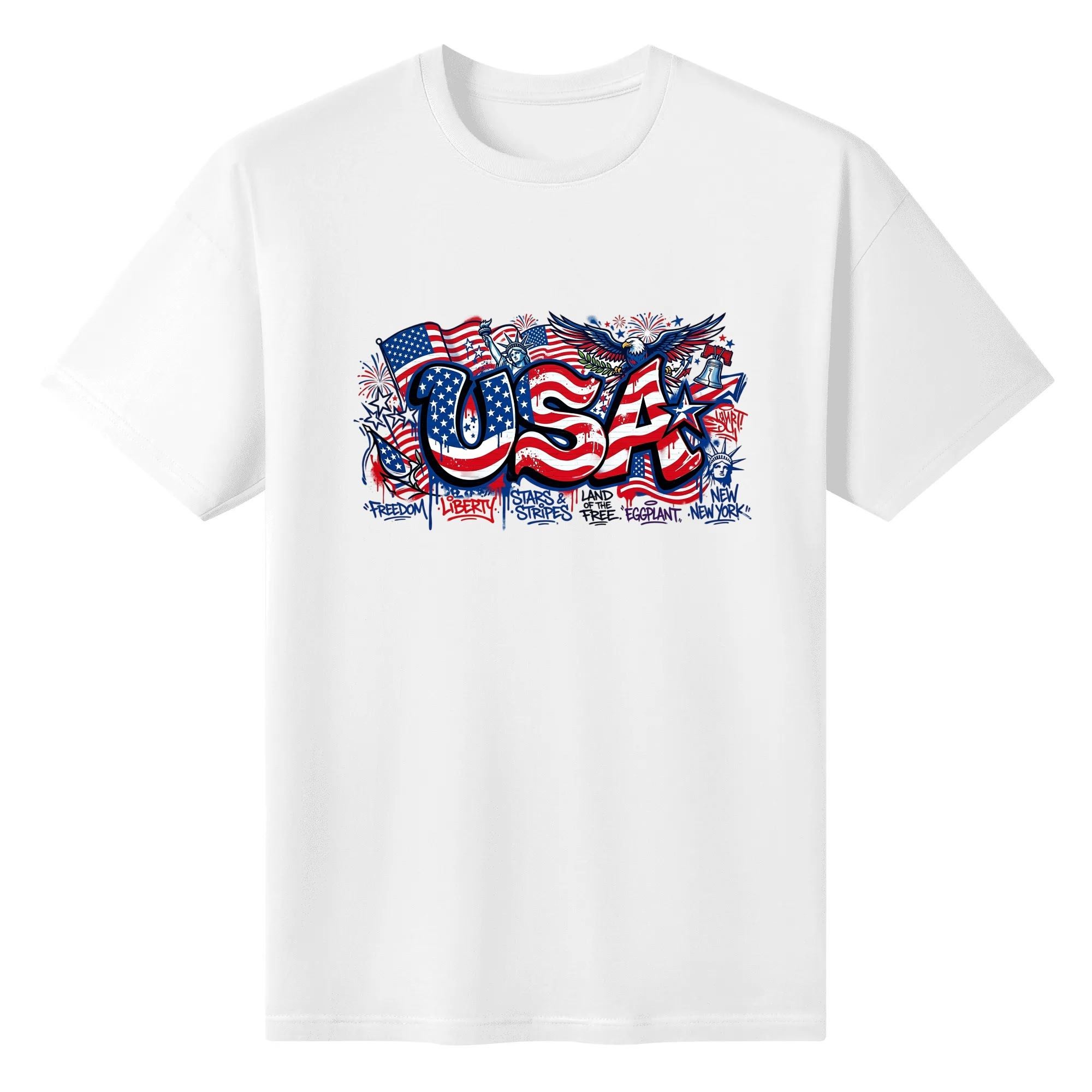White cotton tee flat lay, showcasing full colorful graffiti USA graphic with eagle, US flags and freedom slogan details.