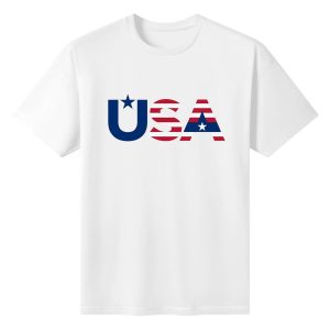 Flat lay of white cotton crew neck t-shirt featuring clean simple USA typography filled with American flag stars and stripes detail.
