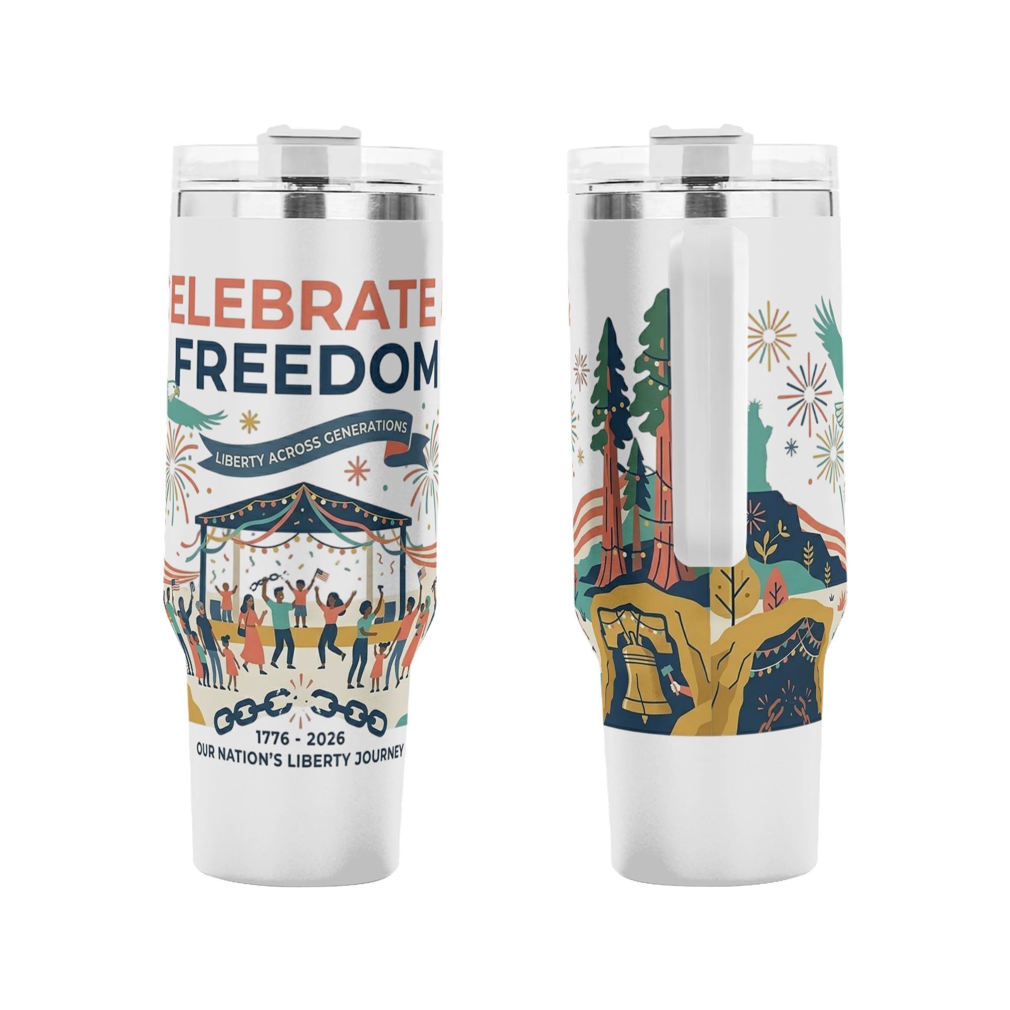 Front and back flat shot of the insulated mug, complete all-over print with bald eagle, Statue of Liberty, Liberty Bell, celebratory crowd and “Celebrate Freedom 1776-2026” wording.