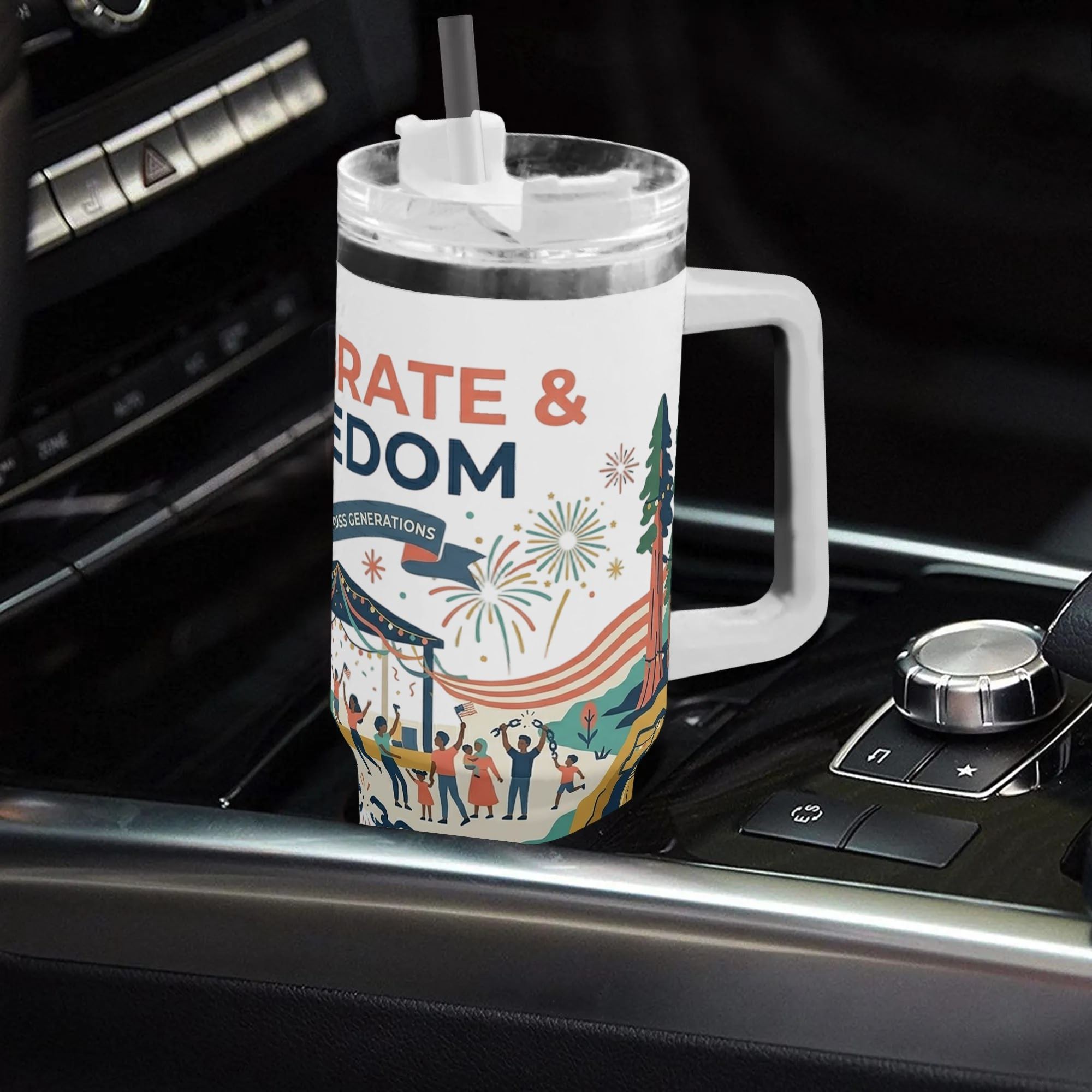 Tumbler placed inside car gear console to show in-car daily travel usage scene with straw installed.