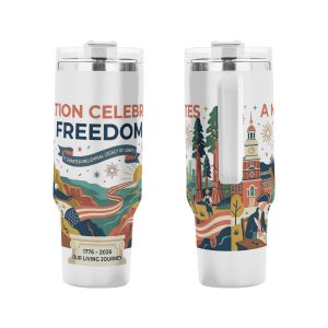 Front & back flat product shot showing complete all-over patriotic graphic and “A Nation Celebrates Freedom 1776-2026” slogan.