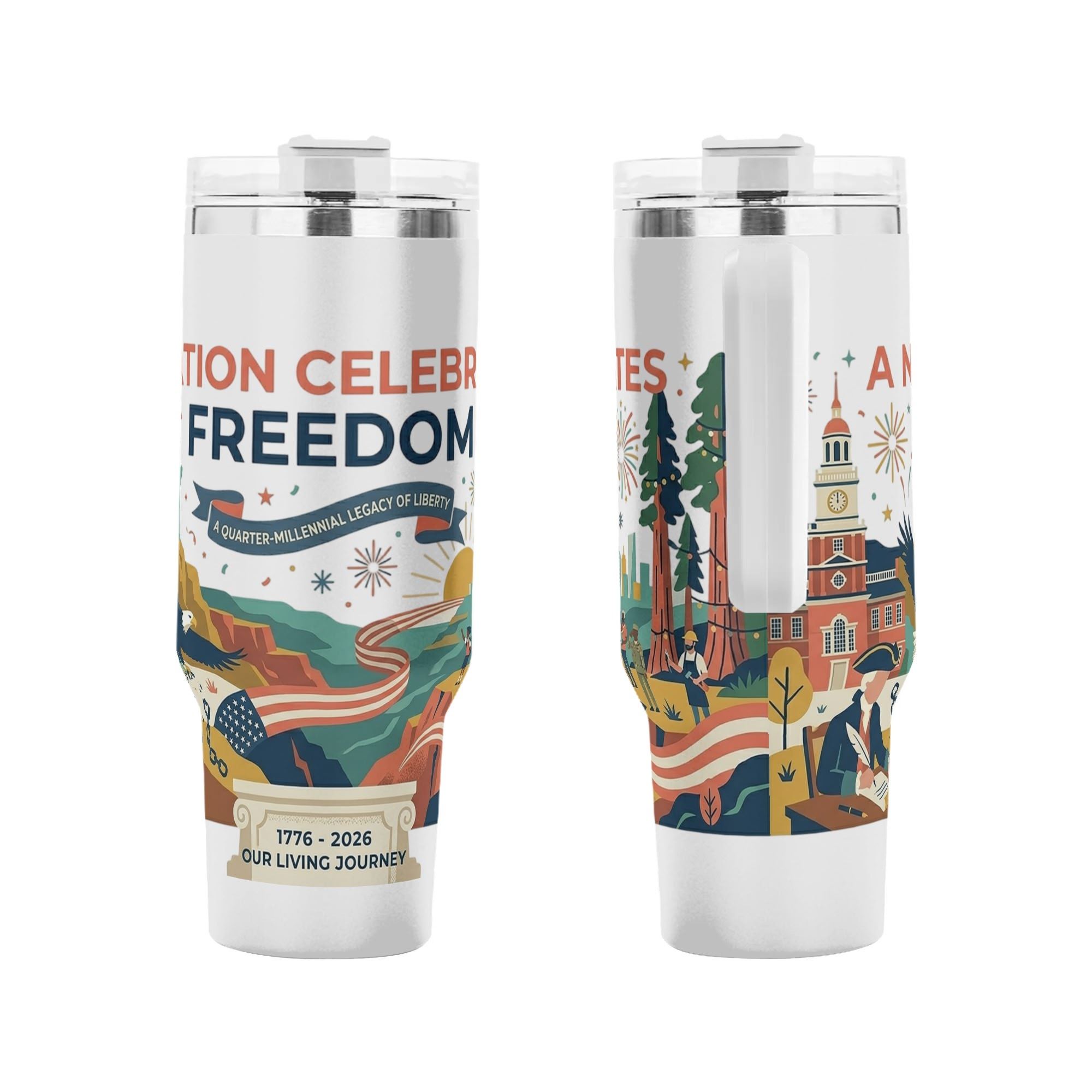 Front & back flat product shot showing complete all-over patriotic graphic and “A Nation Celebrates Freedom 1776-2026” slogan.