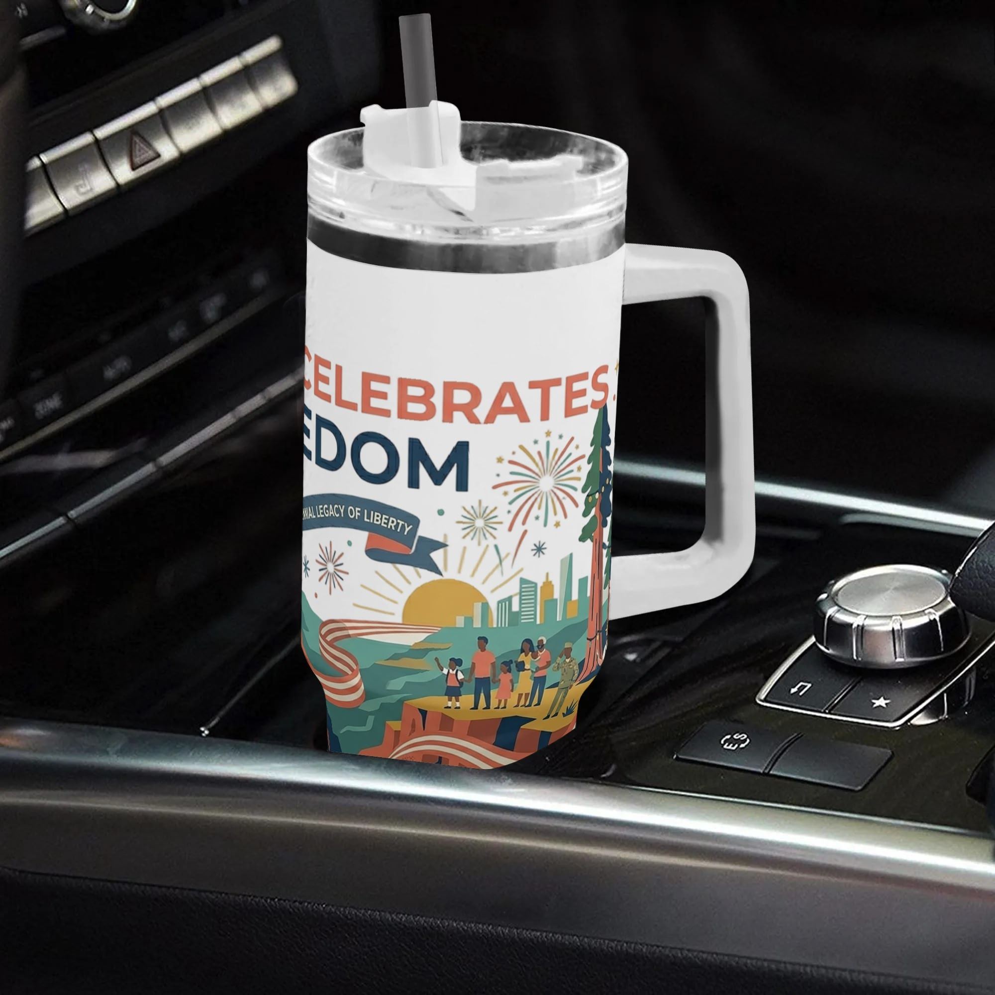 Tumbler placed inside car center console to display daily in-vehicle usage with straw installed.