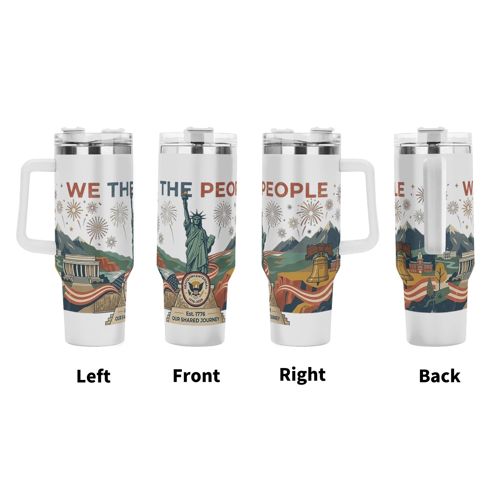 Four-side panoramic display of the USA 250th tumbler, full wrap-around artwork shown left/front/right/back with Statue of Liberty, Liberty Bell, US Capitol and American flag elements.