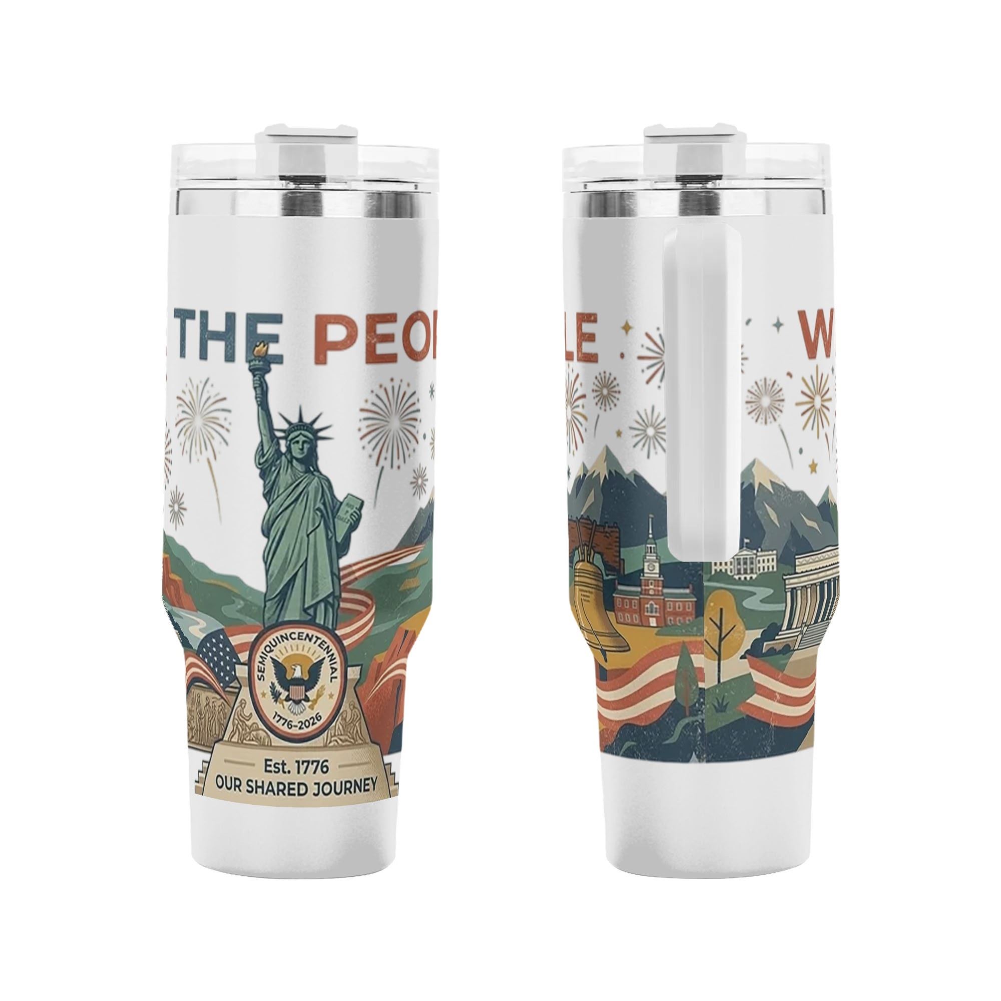 Front & back flat product shot displaying complete vintage patriotic graphic plus “We The People 1776-2026 Our Shared Journey” anniversary slogan.