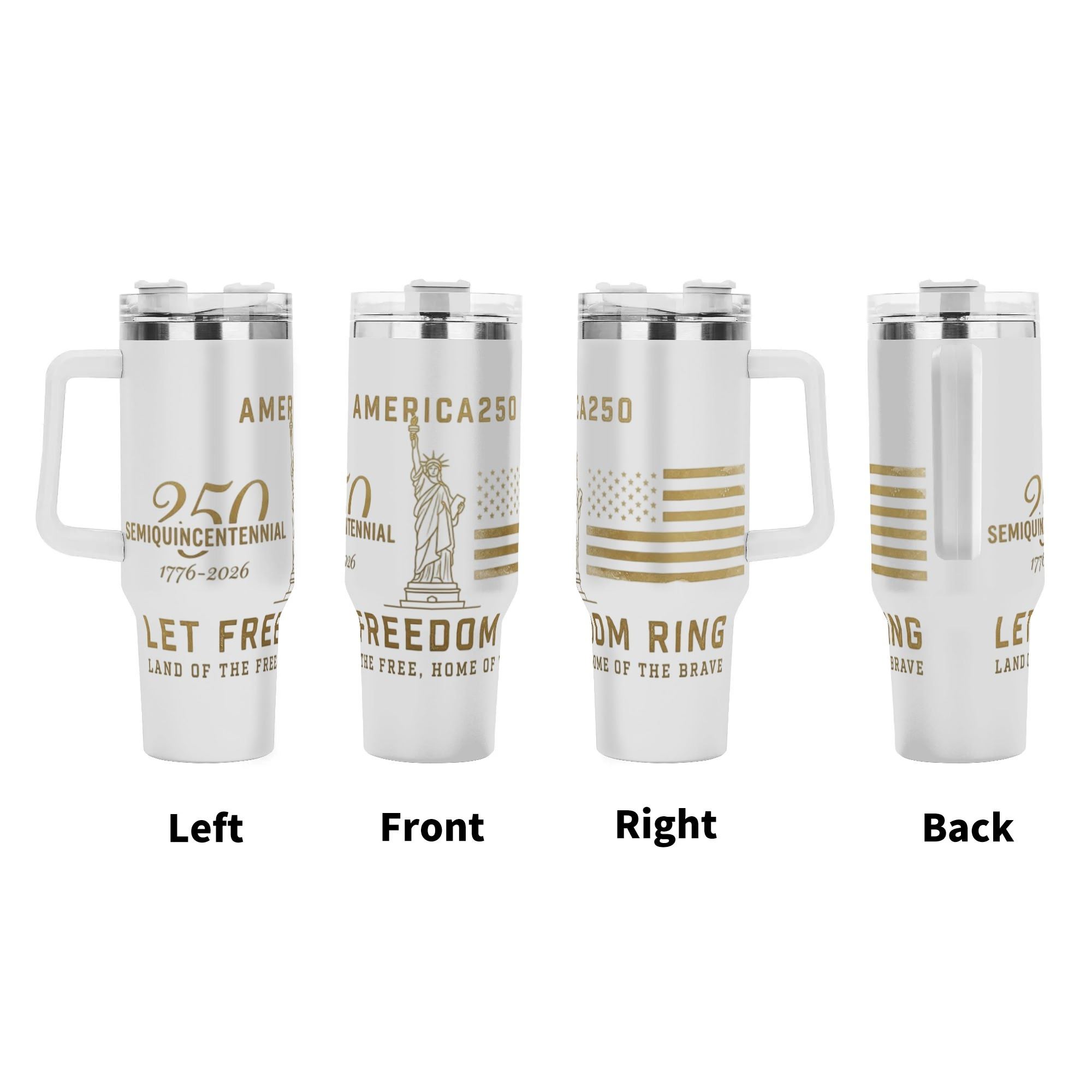 Four-side panoramic display, full wrap-around gold print with Statue of Liberty, USA flag, “America250 1776-2026 Let Freedom Ring” patriotic slogan shown from left/front/right/back sides.