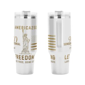 Front & back flat product view showing full golden retro Statue of Liberty and flag artwork for the USA 250th anniversary tumbler.