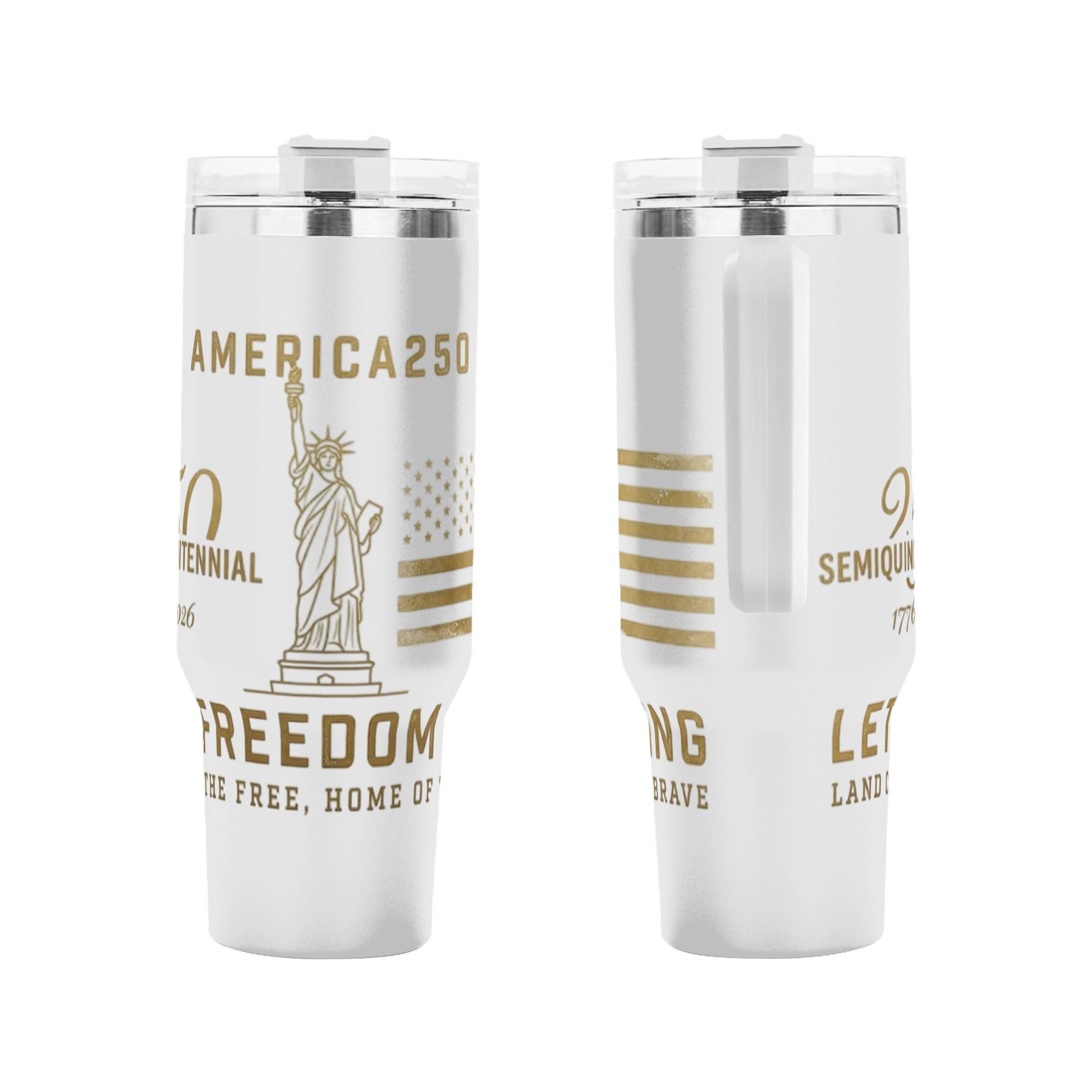 Front & back flat product view showing full golden retro Statue of Liberty and flag artwork for the USA 250th anniversary tumbler.